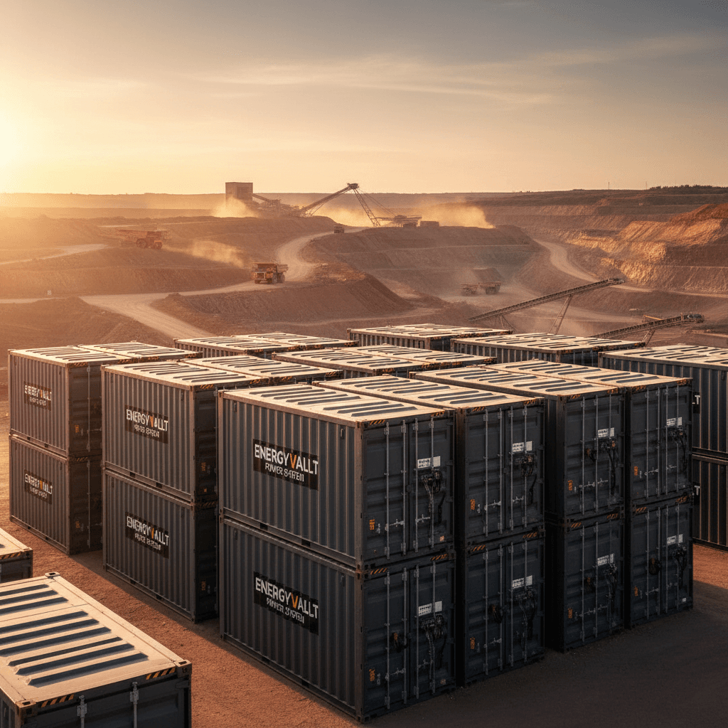 Modular lithium battery storage units in a mining environment, showcasing industrial energy solutions.
