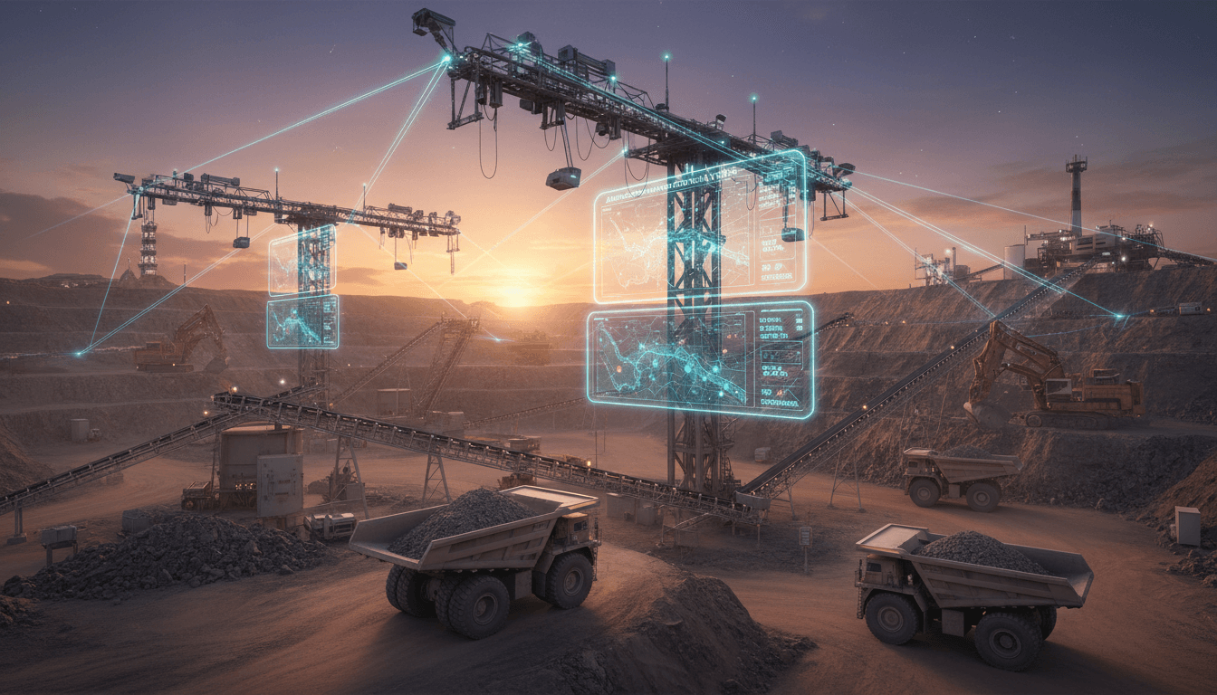 Industrial mining operation with advanced geotechnical monitoring equipment and energy-efficient infrastructure