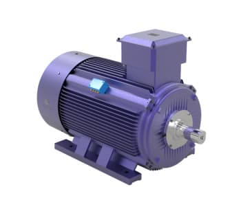 Industrial purple electric motor with cooling fins, mounting feet, and a protruding metal drive shaft.