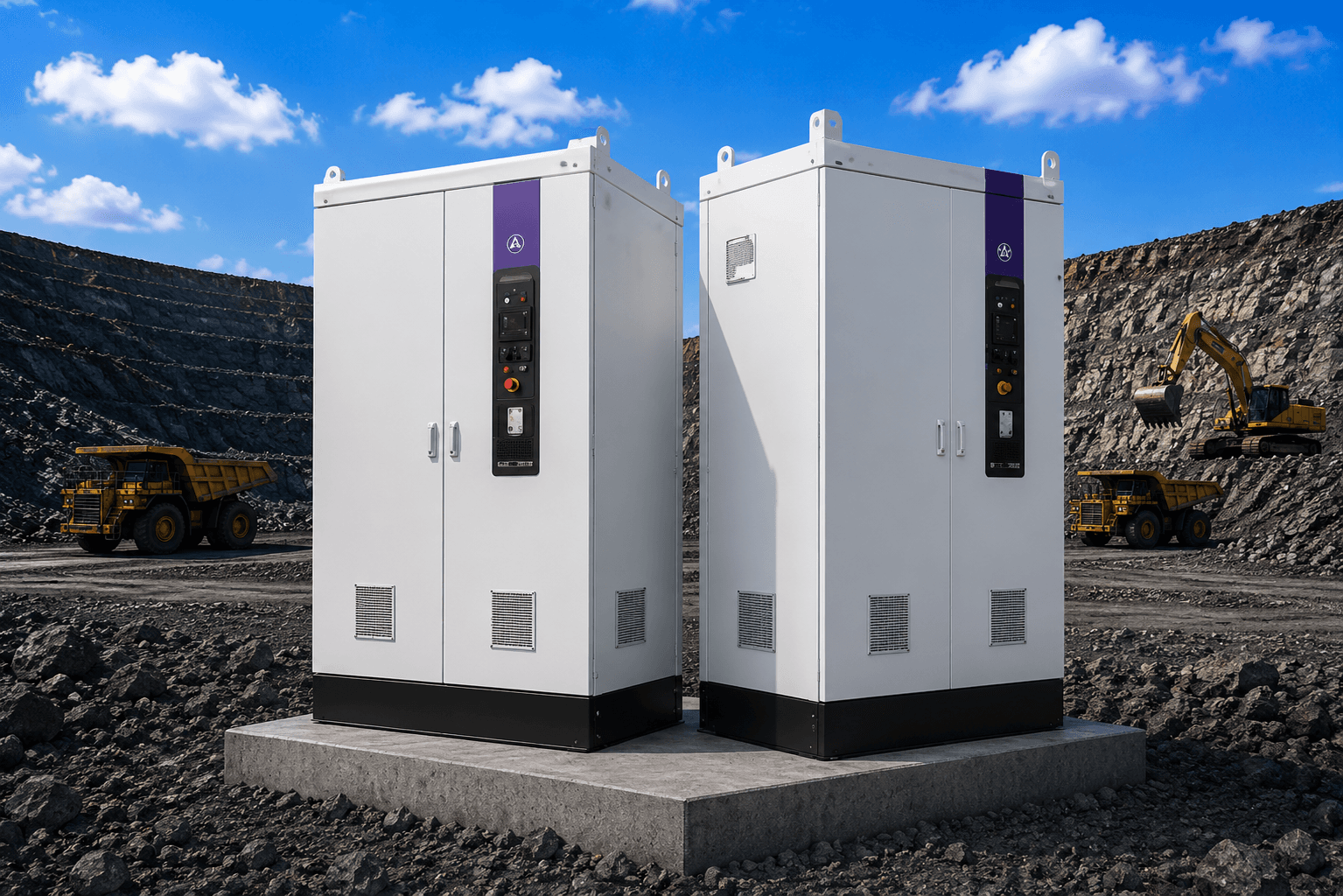 Two white industrial power cabinets on a concrete base in an active open-pit mine.