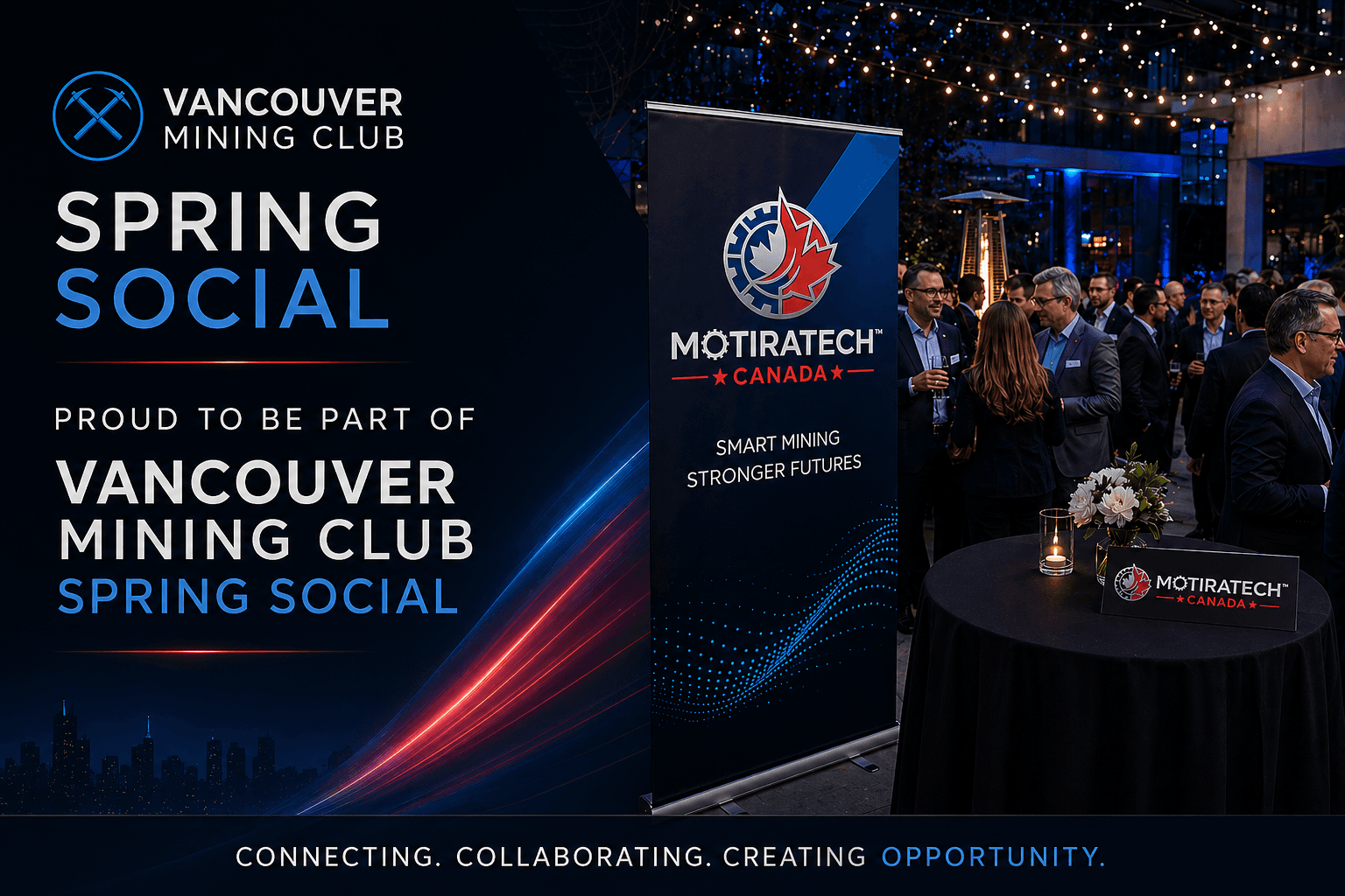 Promotional graphic for Vancouver Mining Club Spring Social featuring Motiratech Canada banner and networking attendees.