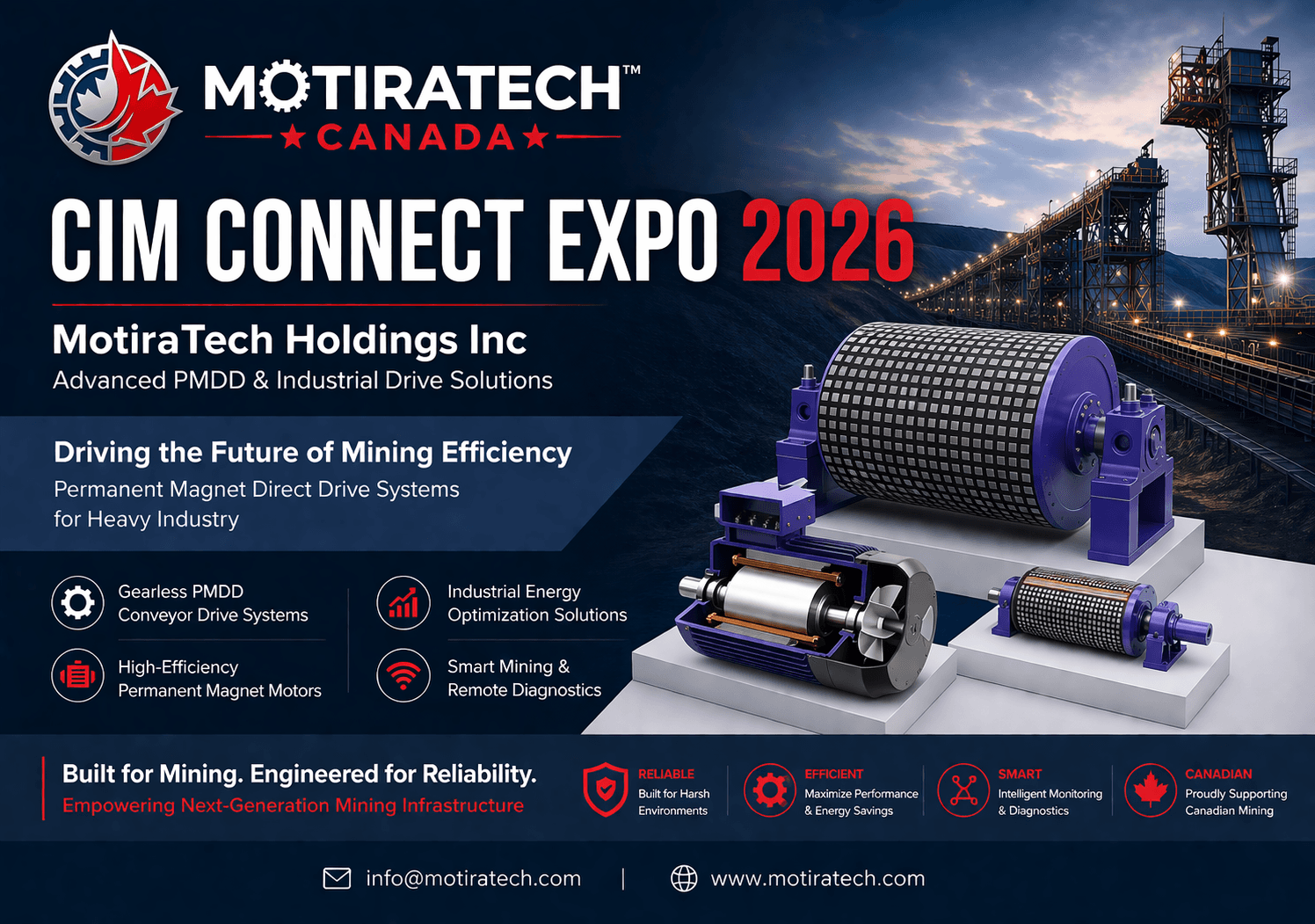MotiraTech Canada CIM Connect Expo 2026 advertisement showcasing permanent magnet direct drive mining systems.