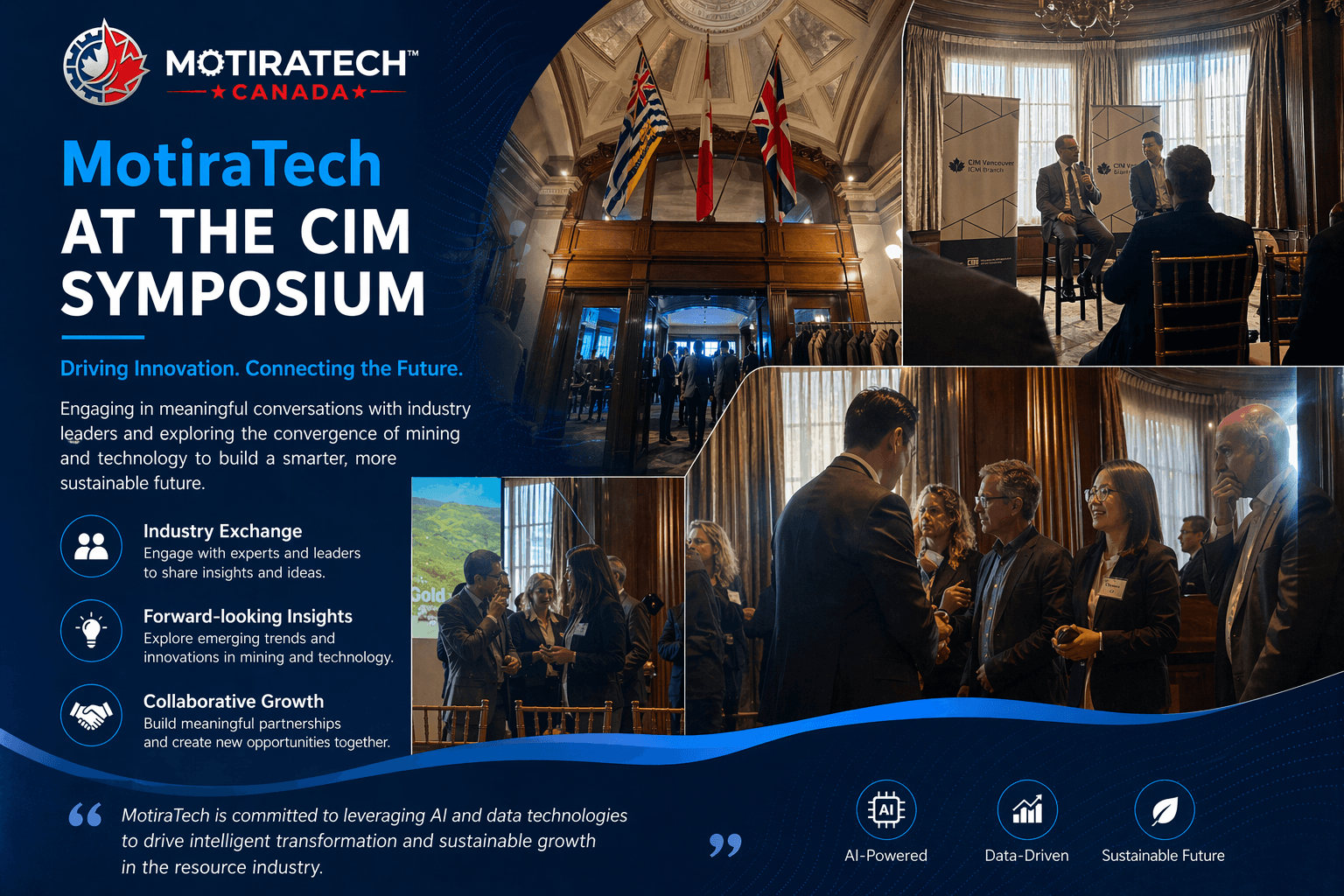 MotiraTech promotional graphic featuring photos of professional networking and panel discussions at the CIM Symposium.