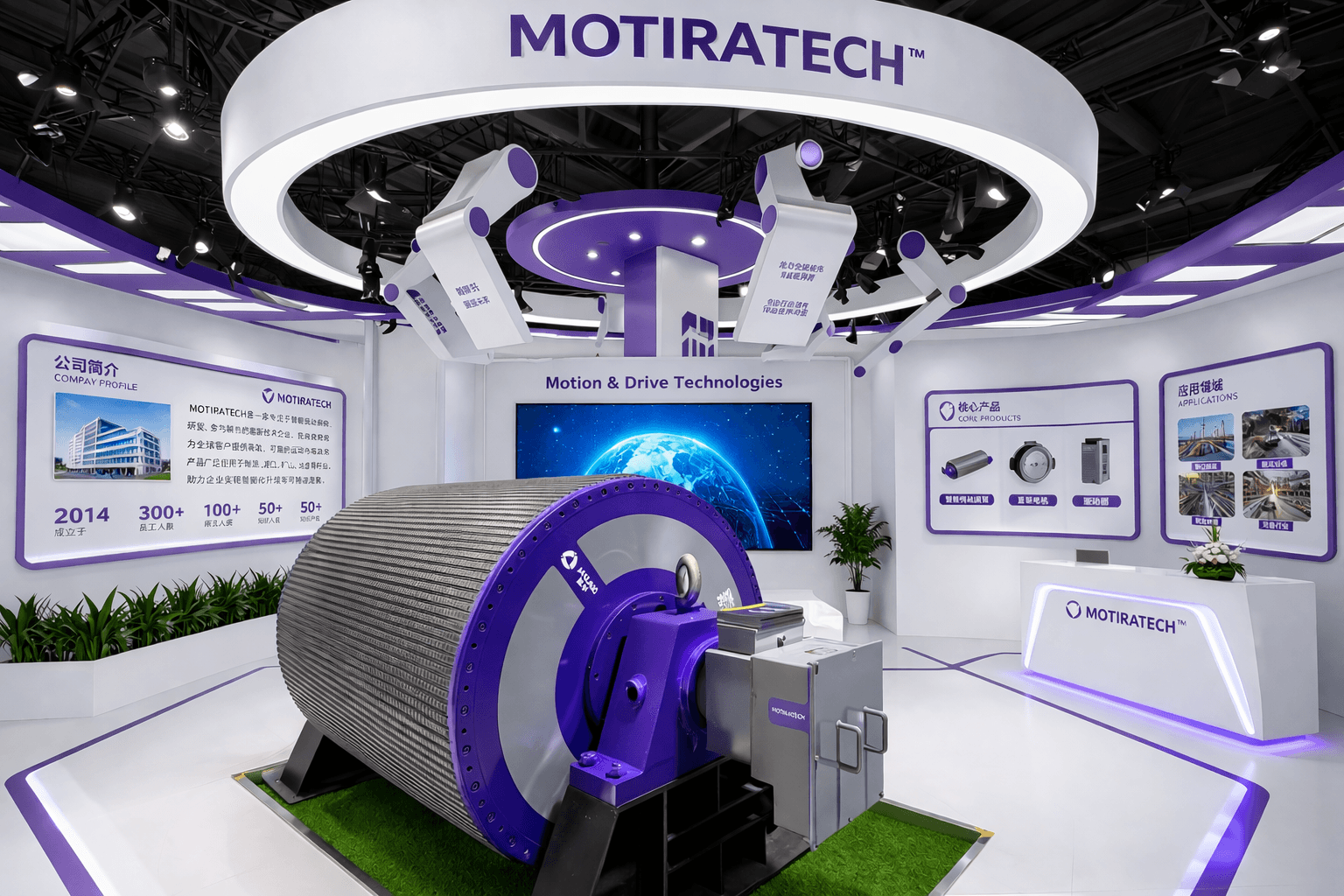 Large purple industrial motor centerpiece in a modern, brightly lit MOTIRATECH exhibition booth.