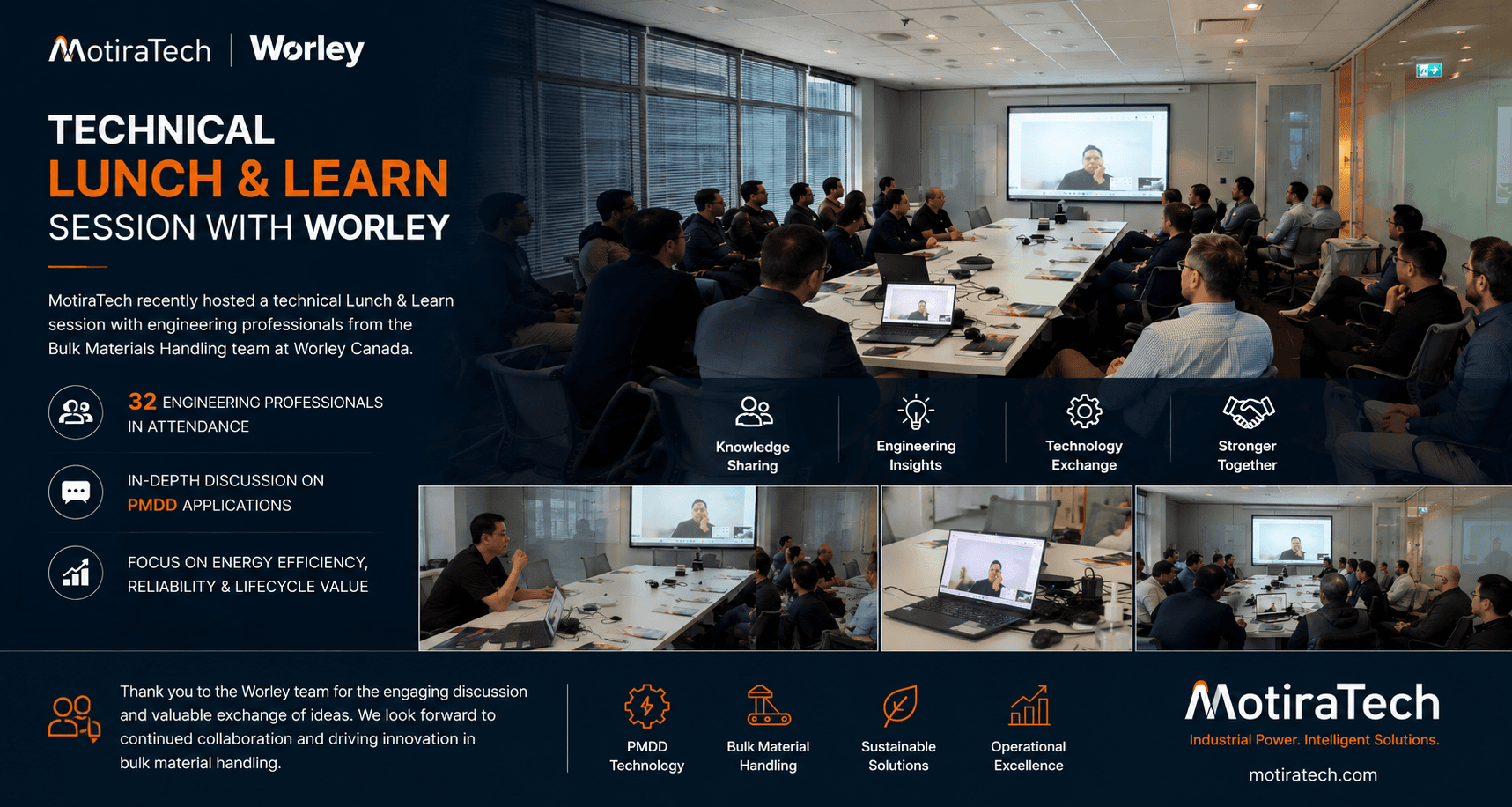 MotiraTech and Worley technical lunch and learn session infographic showing engineering professionals in a boardroom.