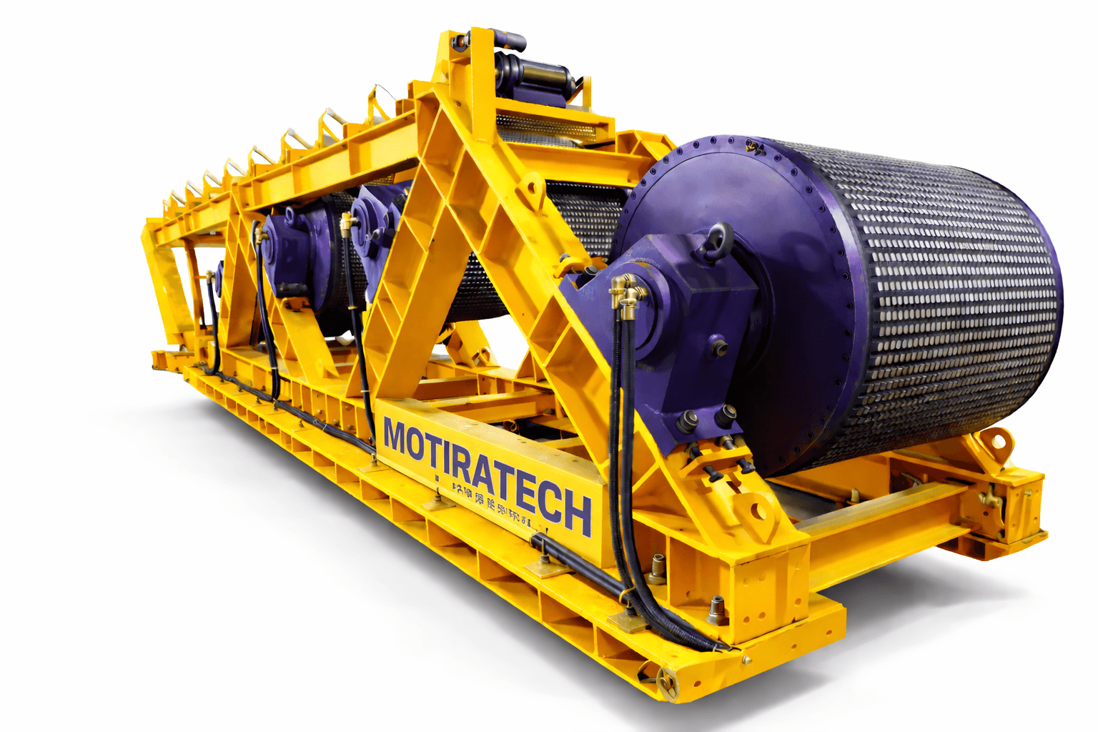 Large yellow industrial conveyor drive unit with purple rollers and MOTIRATECH branding.
