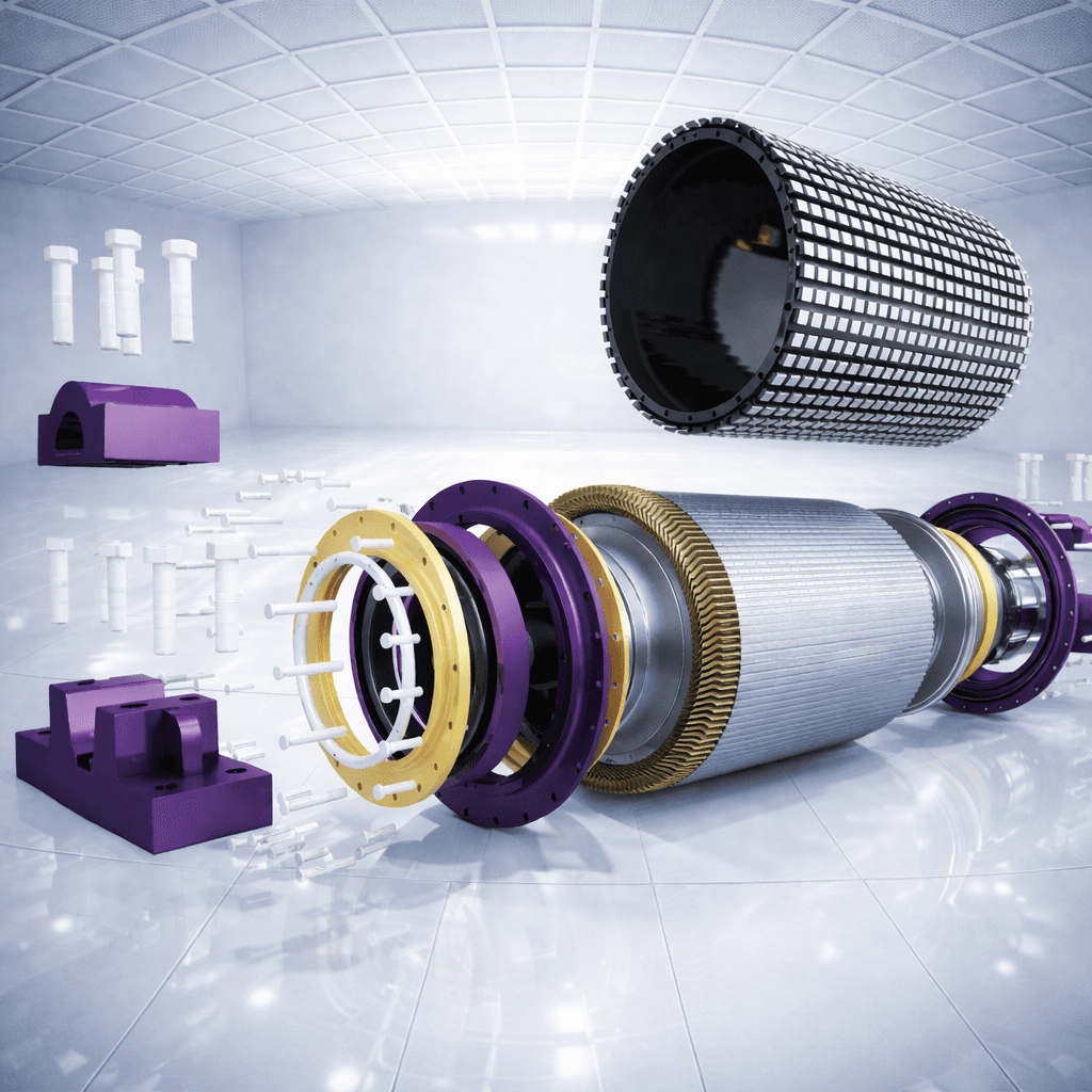 Exploded view of an industrial electric motor with purple, yellow, and silver internal components.