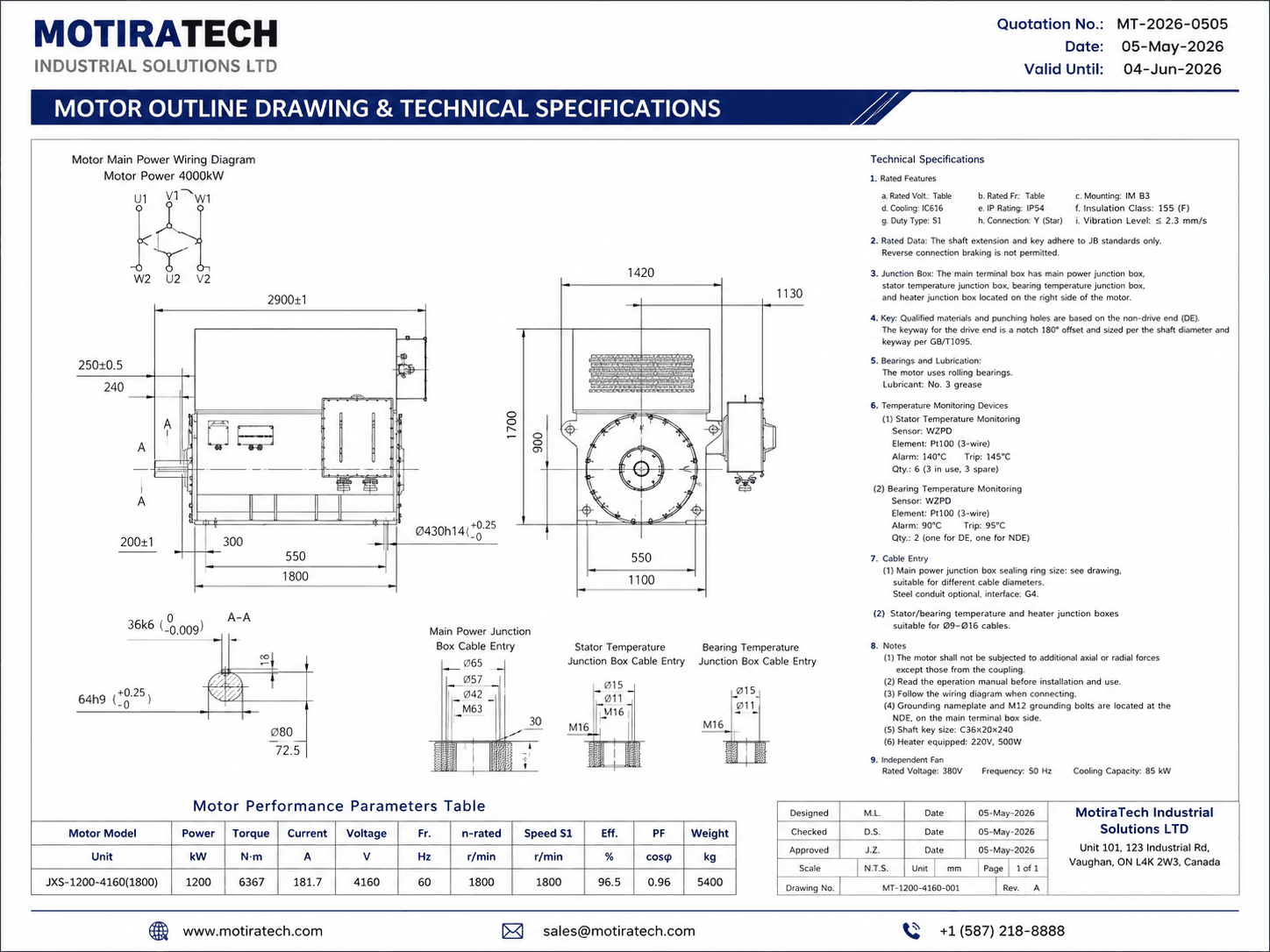 Industrial motor outline drawing and technical specification sheet with dimensions, wiring, and performance data.