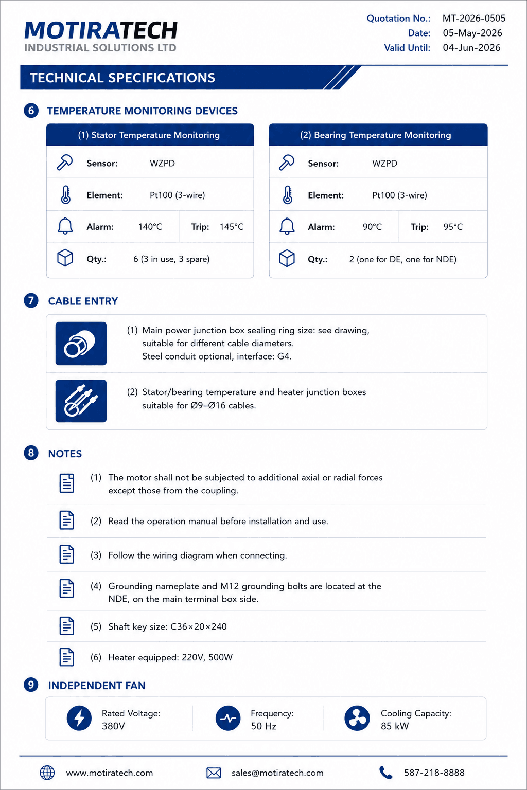 Motiratech technical specification document detailing temperature monitoring, cable entry, notes, and independent fan specifications.