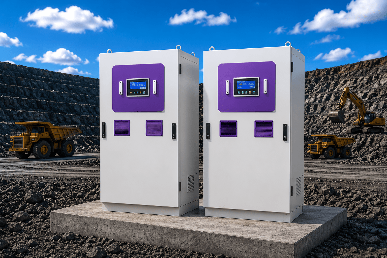Two white industrial control cabinets with purple panels located in a rocky open-pit mine.
