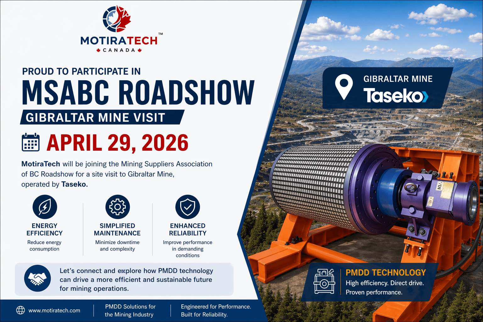 MotiraTech graphic for MSABC Roadshow at Gibraltar Mine, April 29, 2026, featuring PMDD mining technology.