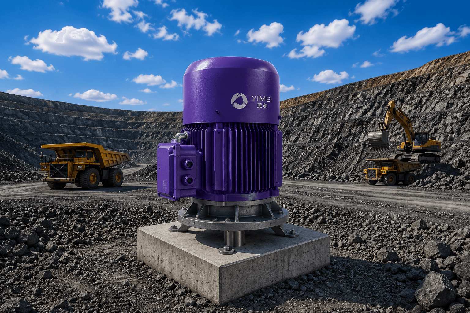 Purple industrial motor on a concrete base in an open-pit mine with heavy machinery.