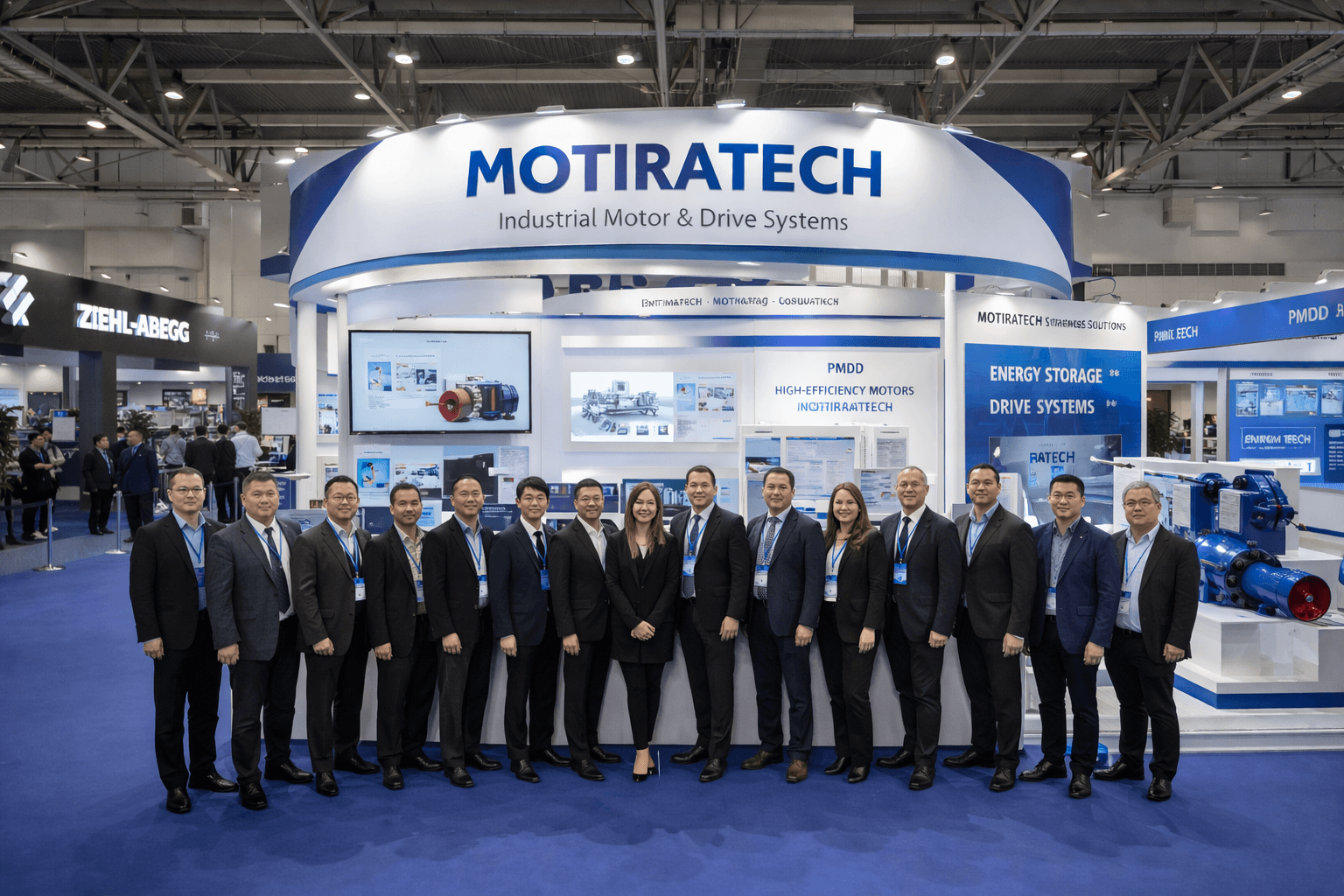 Professional team posing in front of the Motiratech industrial motor and drive systems booth.