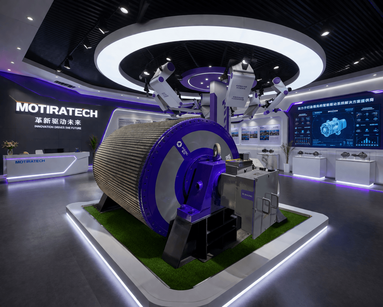 Large blue industrial motor displayed in a modern Motiratech showroom under a circular light.