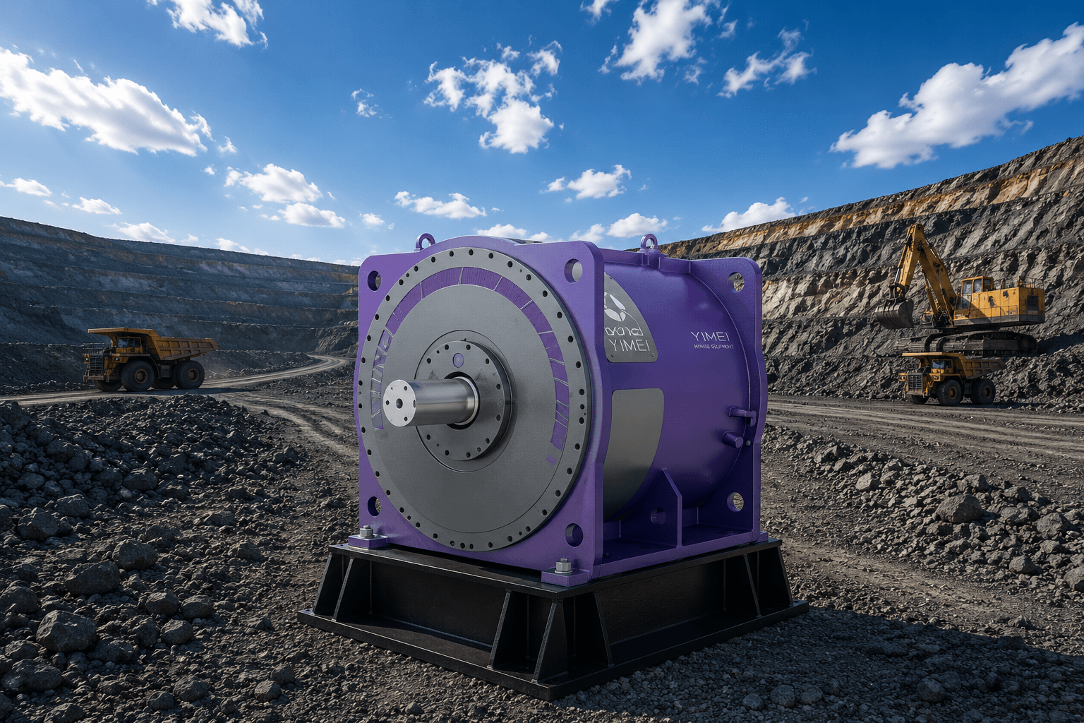 Large purple YIMEI industrial motor in an open-pit mine with heavy machinery in background.