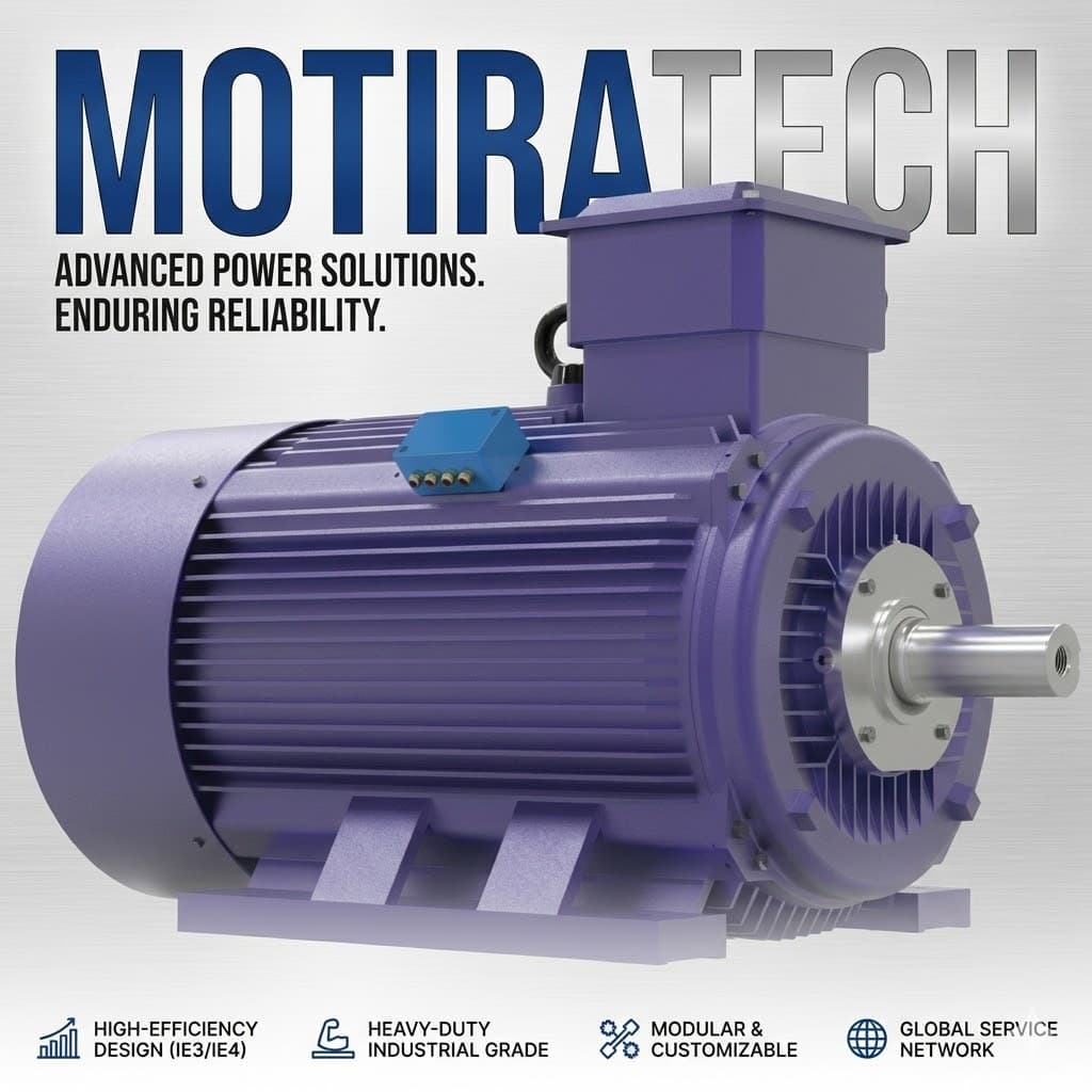 Purple Motiratech industrial electric motor advertisement highlighting high-efficiency design and heavy-duty industrial grade features.
