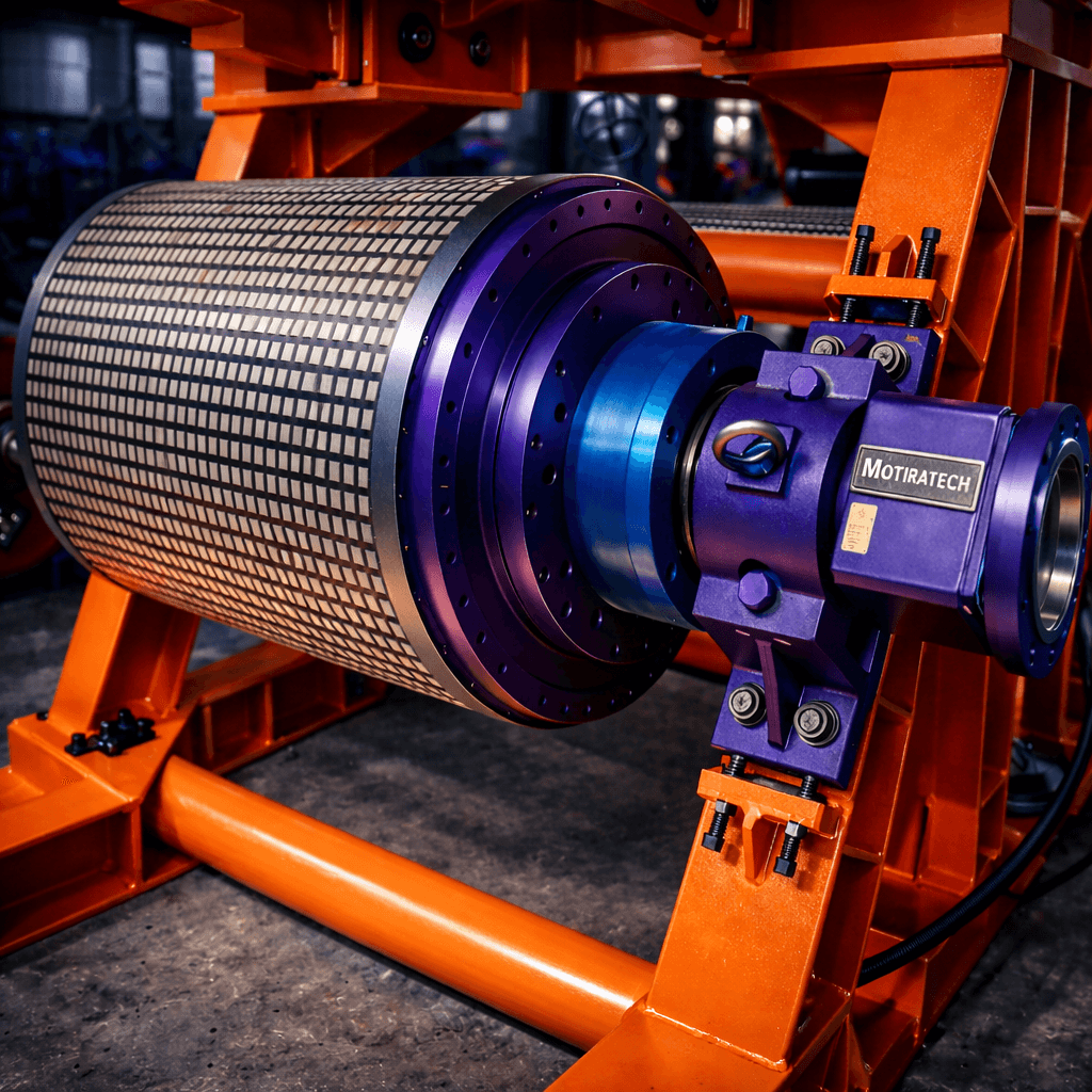 Textured industrial roller with purple and blue components mounted on a heavy-duty orange metal frame.