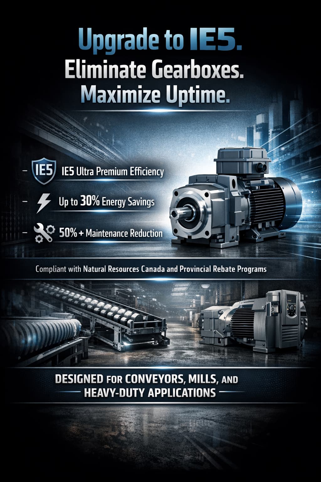 IE5 ultra-premium efficiency motor advertisement highlighting energy savings and maintenance reduction for industrial applications.