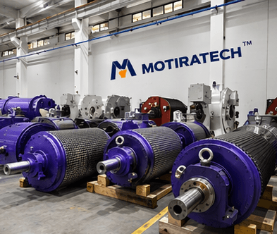 Rows of large purple industrial rotors on pallets in a factory with the Motiratech logo.