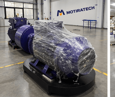 Large purple industrial motor wrapped in protective plastic inside a Motiratech manufacturing facility.